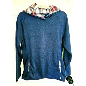 Eddie Bauer Hooded Sweatshirt. Navy with plaid detail. Size: Large.